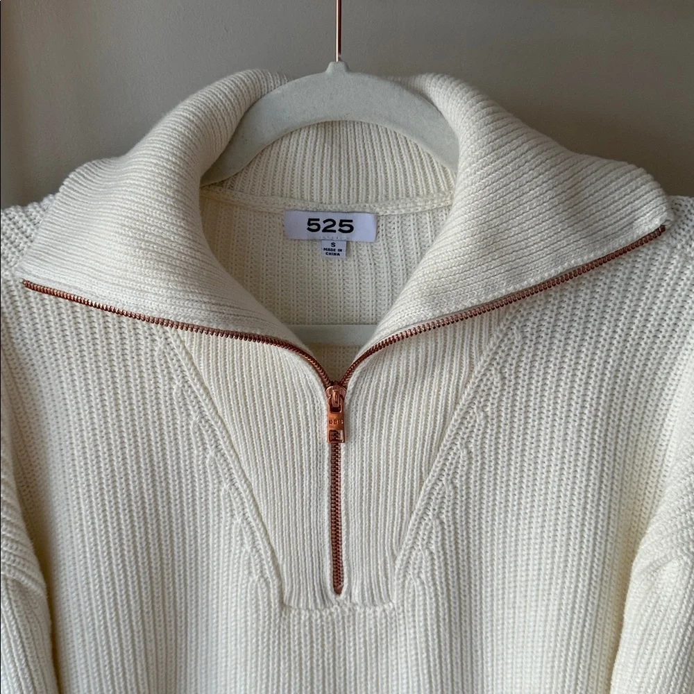 525 America Ivory Cable Knit Fold Collar Half Zip Drop Puff Sleeve Sweater S - Picture 2 of 11